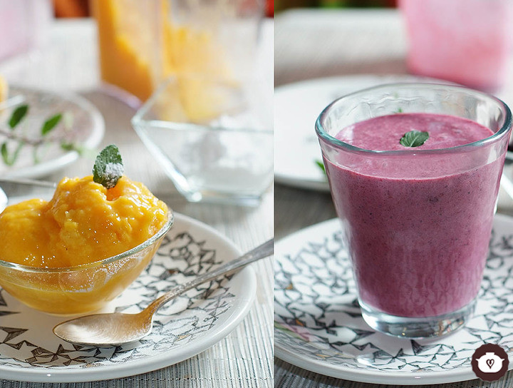 Helado de mango y smoothie de frutos rojos