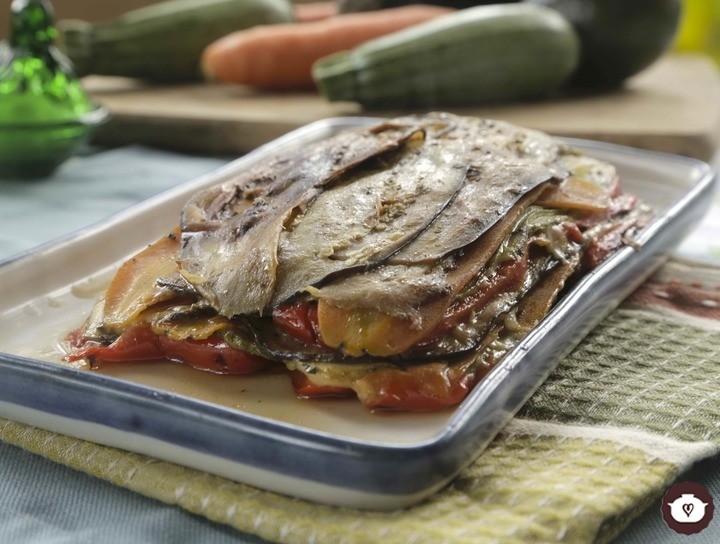 Lasaña vegetariana de pimientos con berenjena