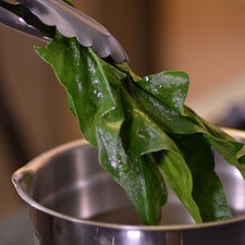 Desinfectar las hojas de espinaca sumergiéndolas en agua con unas gotas de desinfectante. Escurrir.
