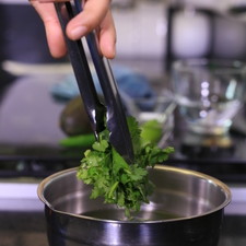 Preparar el guacamole, Picar el cilantro en trozos medianos y poner a remojar en agua con una gota de desinfectante durante 5 minutos. Escurrir.