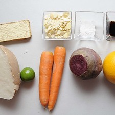 Ingredientes para ceviche 1 pieza de betabel 1/4 pieza de jícama 2 piezas de zanahoria 1/4 taza de almendra rebanada Ingredientes para marinar 1 pieza de naranja 1 cucharada de salsa de soya 1 pieza de limón sal de grano al gusto Help Ingredientes para acompañar tostadas de maíz al gusto S 16456 1475609531