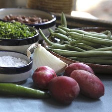 Ingredientes para receta sal al gusto 6 ramas de cilantro 4 piezas de rábano 1/4 pieza de cebolla blanca 1 pieza de chile serrano 1 taza de frijoles cocidos y escurridos 300 gramos de ejotes