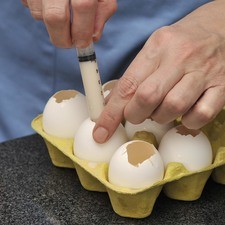 Una vez que la gelatina está fría, colocar 15 mililitros (3 cucharadas) de la gelatina dentro de cada huevo utilizando una jeringa sin aguja. Ponerlos en un rack dentro del refrigerador hasta que se cuaje.