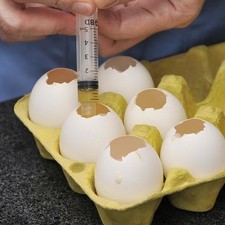 Utilizando una jeringa sin aguja, añadir 20 ml de gelatina de sabor a cada huevo, uno diferente a cada uno. Colocarlos nuevamente en el refrigerador y dejar que se cuaje 15 minutos. Agregar por último otros 15 mililitros de gelatina de leche hasta llenar cada huevo. Si la gelatina de leche se cuajara un poco, calentarla de nuevo para disolverla y poderla agregar una vez fría. Dejar los huevos reposando en el refrigerador al menos 4 horas. Si quisiera simplificar el proceso, se puede hacer un huevo de cada sabor y de esa manera no es necesario estar esperando a que cuajen las capas.