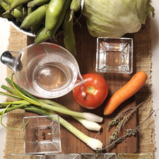1 kilo de habas frescas 4 dientes de ajo 1 zanahoria 3 cebollita de cambray 1 taza de vinagre 2 cucharadas de aceite de canola 4 pimientas enteras 1 clavo de olor 2 hojas de laurel 1 rama de mejorana 1 rama de tomillo ¼ taza de agua Sal de grano gusto 1 Lechuga 1 Jitomate