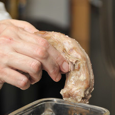Preparación de la salsa: Desmenuzar toda la carne del pescuezo y colocarla en el vaso de la licuadora junto con el resto de las vísceras. Moler todo junto con el jugo que queda suelta el cocimiento del pavo.