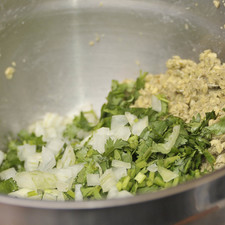 Colocar la lenteja molida en un tazón. Agregar el cilantro picado y un cuarto de cebolla picada finamente. Sazonar con un poco de sal y pimienta y mezclar bien con las manos.
