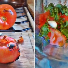Mientras tanto, asa el tomate en la estufa, retira la piel y licúa junto con el cilantro, el ajo y el chile ¡NO agregues sal!. Reserva.