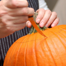 Cortar el círculo utilizando un cuchillo para calabaza introduciéndolo a un ángulo de 45°. Levantar el tallo y retirar las semillas de la de la calabaza con una cuchara. Envolver la parte cortada del tallo con papel plástico auto adherible y reservar. S 7420 1475622585