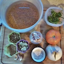 Neceitas lentejas, tomate, cebolla, ajos, cilantro, tocino, orégano, comino, laurel y sal. S 7697 1475621960