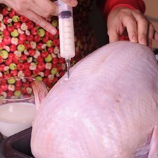 Para preparar le pavo, precalentar el horno a 300°F (150°C). Retirar las vísceras del pavo y enjuagarlo bien con agua. Inyectar con leche utilizando una jeringa para pavo, esto lo tornará jugoso.